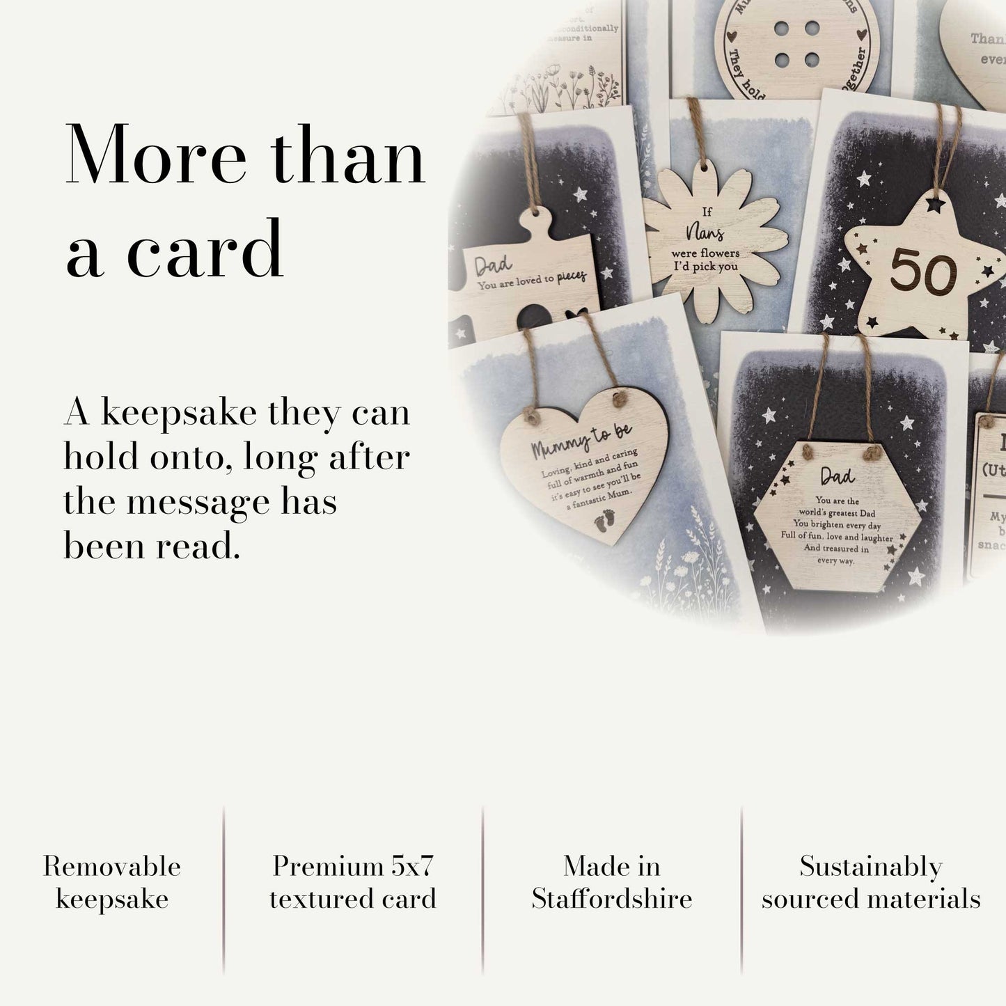 More than a card keepsake card range with removable wooden keepsakes