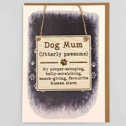 Card with wooden plaque designating 'Dog Mum' on a textured background