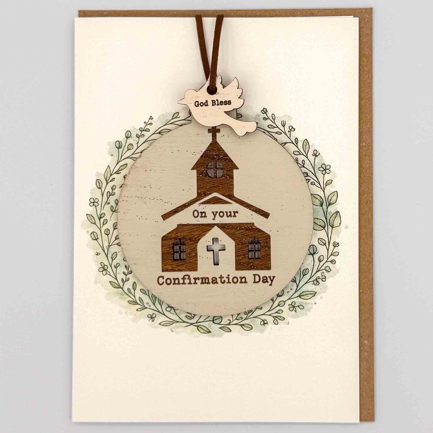 Greeting card with a church illustration and 'God Bless On your Confirmation Day' text on a beige background.