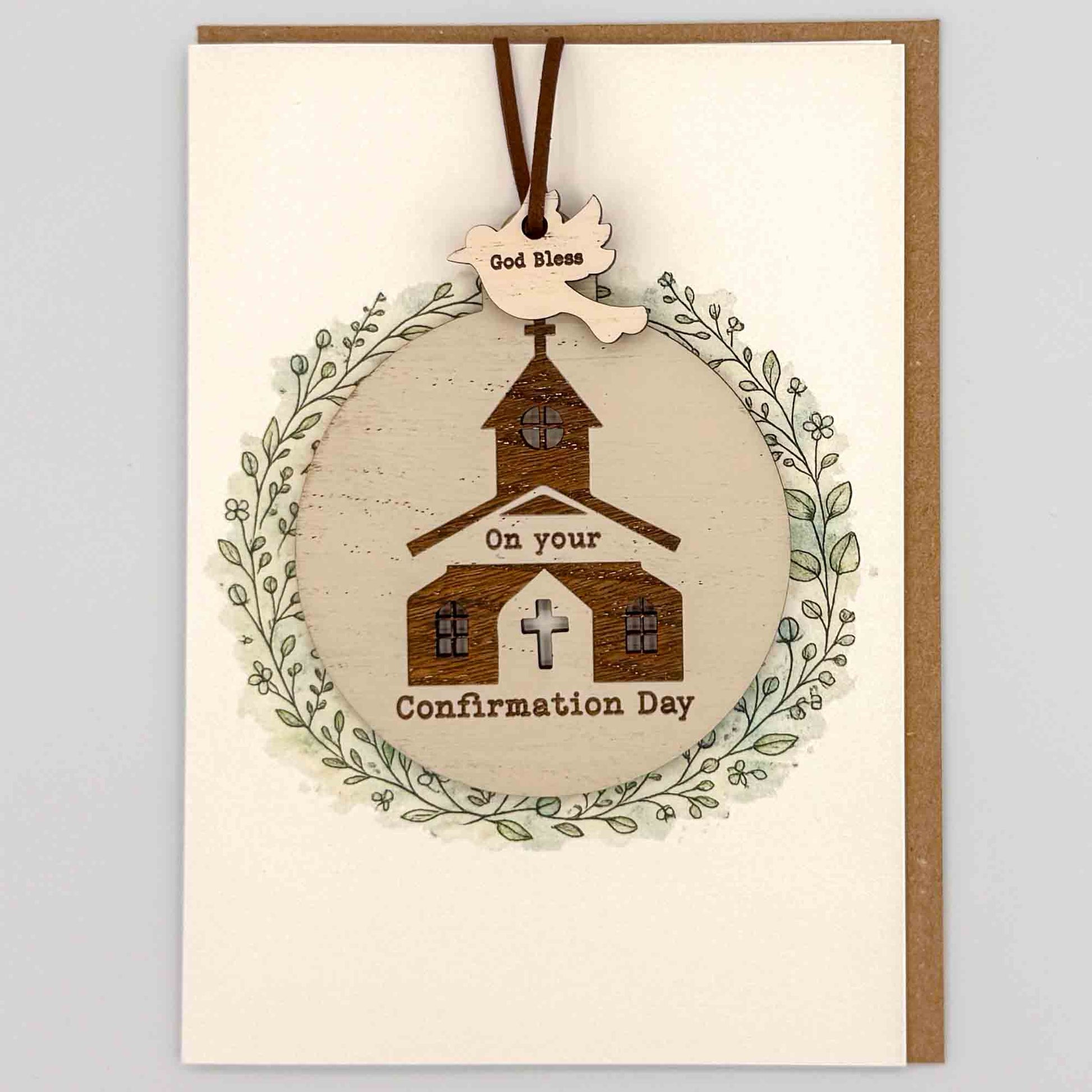 Greeting card with a church illustration and 'God Bless On your Confirmation Day' text on a beige background.