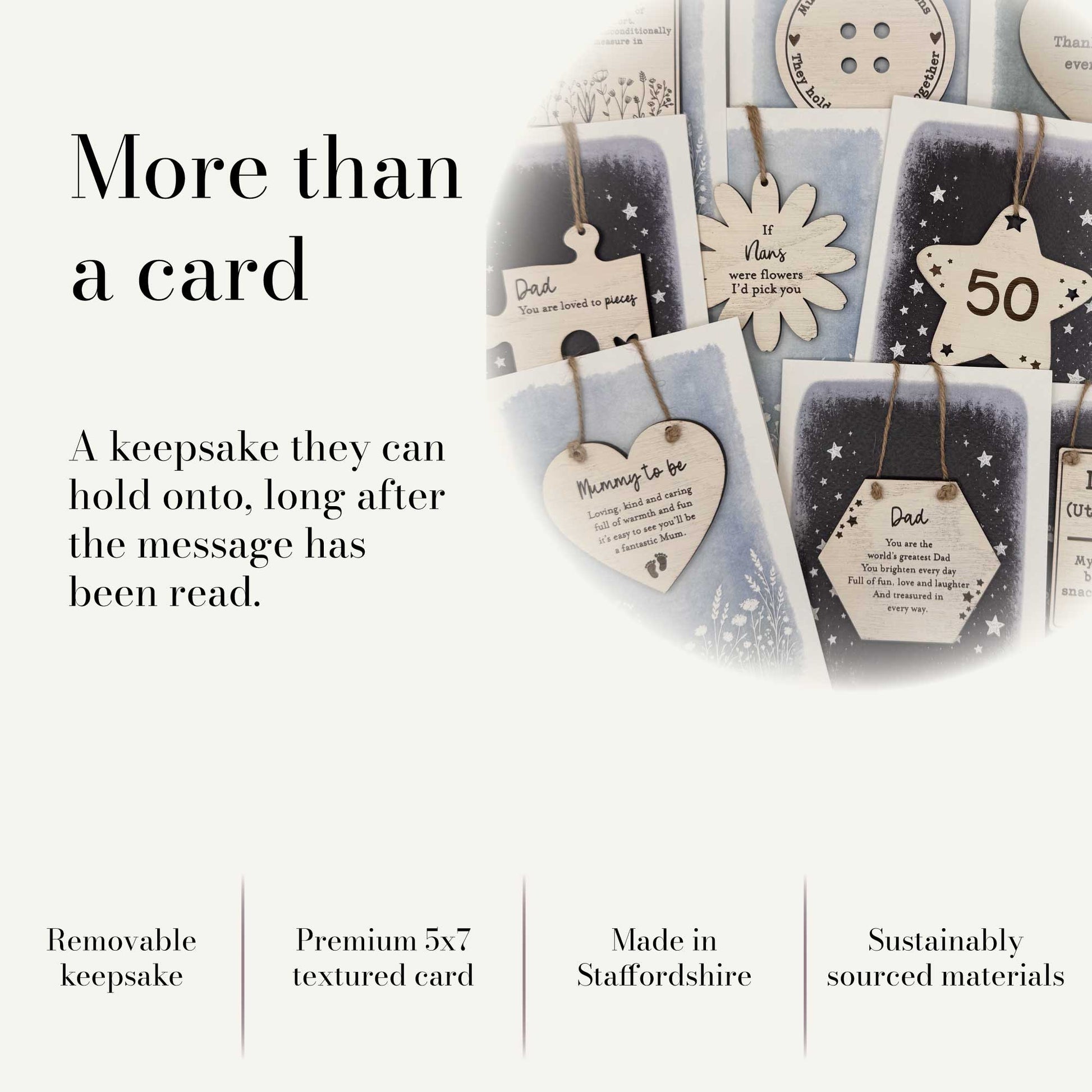 More than a card keepsake card range with removable wooden keepsakes